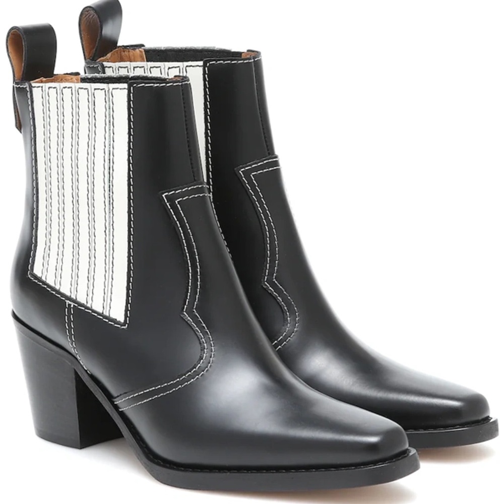 GANNI 60 Western Leather Ankle Boots In Black